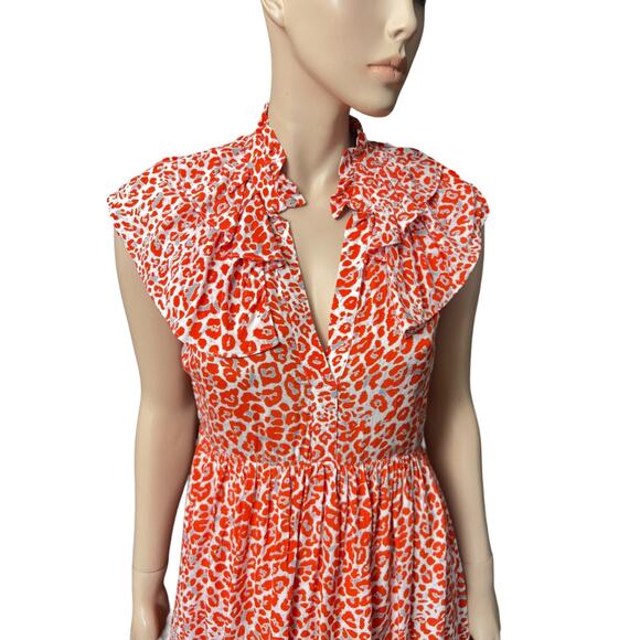 New Maje Leopard Animal Print Ruffles Orange Mini Dress Size M US 100% Viscose - Picture 2 of 15